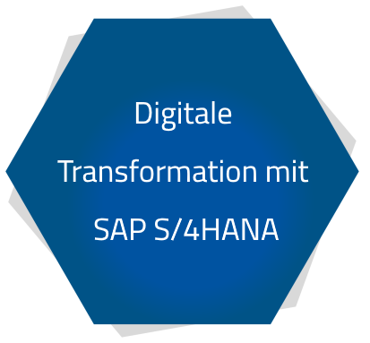Eine blaues Sechseck in dem "Digitale Transformation mit SAP S/4HANA" steht