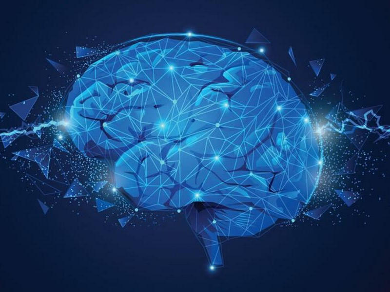 Eine blaue Zeichnung eines Gehirns, über dem leuchtende Punkte miteinander verbunden sind.