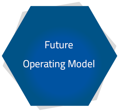 A blue Hexagon on which stands "Future Operating Model"